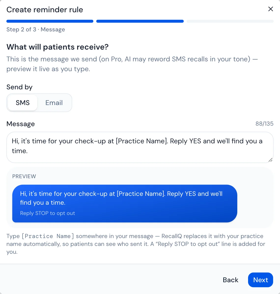 Reminder rules in RecallQ: each rule's channel, timing and send time, and a live preview of the SMS, which ends with Reply STOP to opt out.