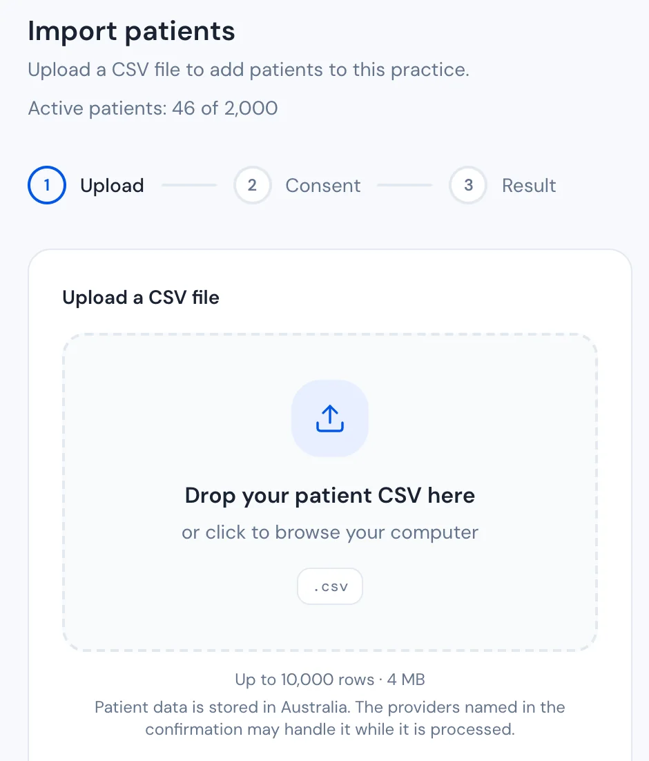 RecallQ's Import patients screen: drop in a patient CSV of up to 10,000 rows. A note says patient data is stored in Australia, and that the providers named in the confirmation may handle it while it is processed.